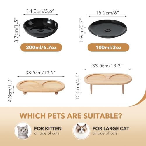 Havniva Elevated Cat Bowls, Cat Food and Water Bowl Set, Ceramic Cat Bowl | Raised Cat Food Bowls, Whisker Friendly, 5.6” Shallow Cat Dishes + 6” Wide Cat Plates, Non-Slip Wood Stand, Two Heights - color: Black, size: 2 Bowls+2 Dishes