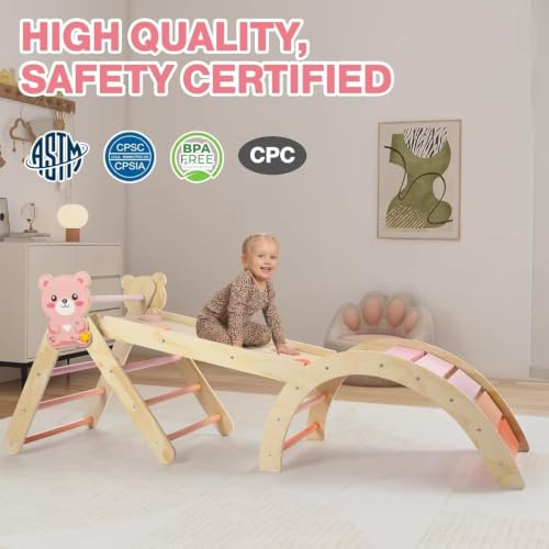 Pikler Triangle Set with Cushion, 7 in 1 Toddler Climbing Toys Indoor | Foldable Space-saving Design, Montessori-inspired Learning, Reversible Slide & Ramp, ASTM F963 Standards for Toddlers 18M-5Y - color: Bear