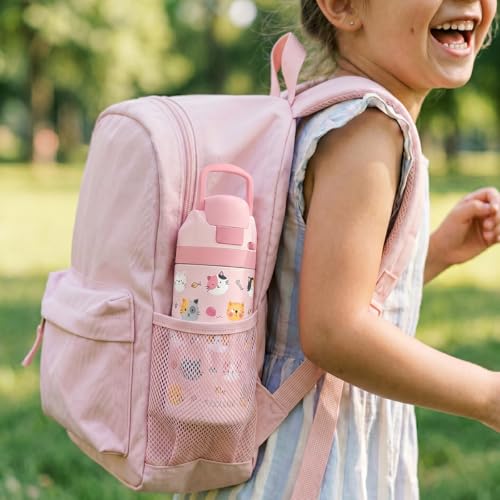 Cat Kids Insulated Stainless Steel Water Bottle 16 Oz, Travel Tumbler for School, Sports for Girls, Birthday, Back To School (Pink) - color: Cat 1