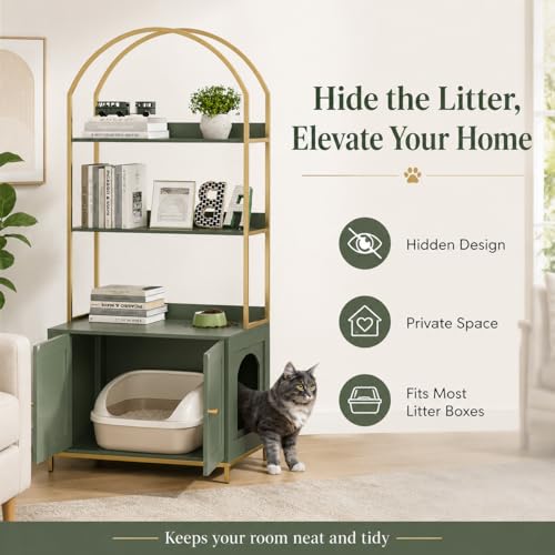 Homhedy Cat Litter Box Enclosure with 2-Tier Shelves, Green and Gold | Litter Box Furniture Hidden, Indoor Cat House, Wooden Cat Washroom Furniture with Metal Frame, Modern Style - color: Green and Gold