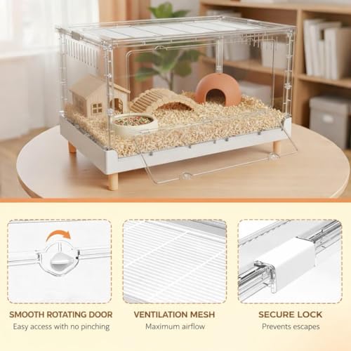Extra Tall Foldable Clear Hamster Cage with Front Door, Deep Base Habitat for Thick Bedding & Burrowing, Easy Clean Wire Mesh Top Ventilation, Escape Proof Enclosure, 27.5x17x16 in - size: 27.5"L x 17.0"W x 16.0"H