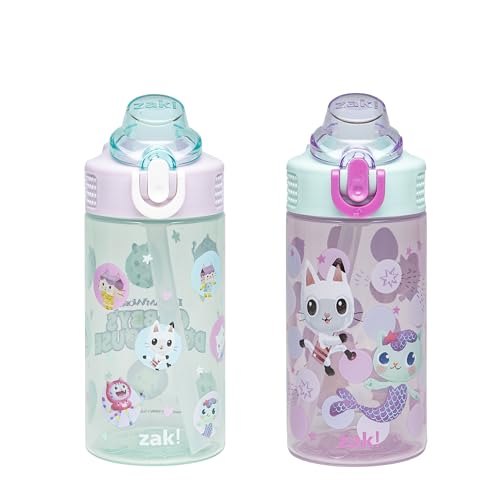 Zak Designs Gabby's Dollhouse Sage 16oz Leak-Proof Straw Kids Water Bottle | BPA Free Durable Plastic, Cupholder Friendly, Dishwasher Safe, Easy to Clean, Lid Lock, Handle, For School, Home, Travel - color: Gabby's Dollhouse (The Gabby Cats)