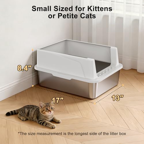 FURTIME Stainless Steel Cat Litter Box, Small Cats Metal Litter Box | High-Sided Open-Top Easy-Clean Litter Pan, Non-Stick, Anti-Leakage, Odor-Free, Comes with Scoop & Mat, 17"×13"×8.4" - color: Silver, size: Small