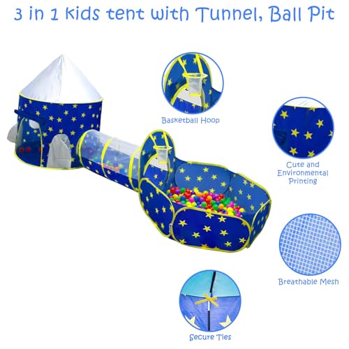 PigPigPen 3pc Kids Play Tent for Boys with Ball Pit, Crawl Tunnel, Princess Tents for Toddlers, Baby Space World Playhouse Toys, Boys Indoor& Outdoor Play House, Perfect Kid’s Gifts - style: 3PC Blue Star Play Tent
