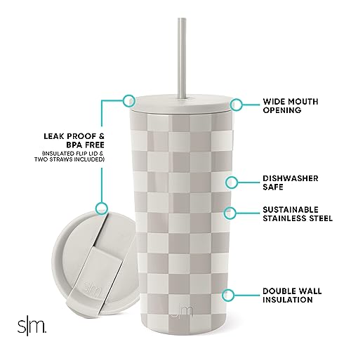 Simple Modern Iced Coffee Tumbler, Insulated | 20oz | Checkered | Reusable Stainless Steel Cup, Travel Mug, Water Bottle with Straw | Cupholder Friendly & Spill Resistant, Checkmate - color: Pattern: Checkmate, size: 20 Ounces