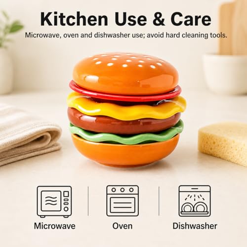 6-Piece Stackable Ceramic Burger Plate Set for Sauces & Dips | Burger-shaped layers for condiments, dips, sushi soy sauce, BBQ snacks; dishwasher and microwave safe