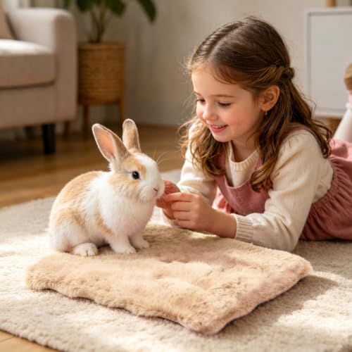 2 Pack Rabbit Mat, Soft Plush Bunny Bedding with Non-Slip Bottom, Washable Fluffy Guinea Pig Cage Liner, Small Pet Sleeping Pads for Hamster, Chinchilla, Khaki - color: Khaki