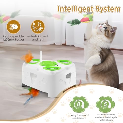 3-in-1 Automatic Interactive Cat Toy, Flying Bird, Mole & Feather | Rotating feather, 3 play modes, cheese-shaped non-slip base, USB-C rechargeable 1200mAh battery, 8-minute auto shutoff - color: White