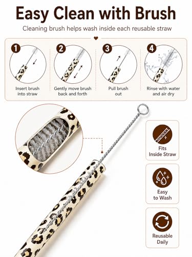 10PCS Set Leopard Straw Cheetah Animal Straws Hard Plastic Reusable Straw and Cleaning Brush Heart Silicone Straw Toppers with Leopard Print Summer Party Supplies (White) - color: White