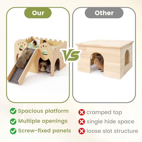 Guinea Pig Castle Extra Large, Sturdy Wooden Hideout House Ventilated Multi-Entry Small Animal Habitat, Easy to Assemble for Guinea Pigs, Bunnies, Hamsters, and Chinchillas