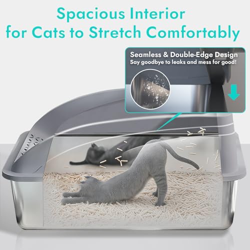 Stainless Steel Litter Box, Metal Litter Box with Scoop, High-Sided Leak-Proof Design, Non-Stick Base, Easy to Clean for Kittens, Senior & All Cats - color: Light Grey