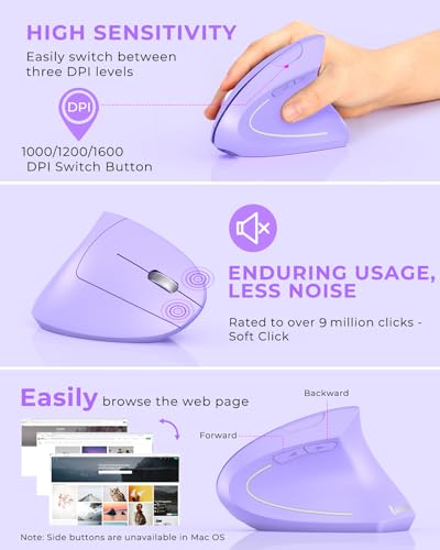 Lekvey Ergonomic Mouse, Rechargeable Wireless Vertical Mouse, Light Purple | USB-C Charging, 2.4G USB Plug & Play, Quiet Click, 3DPI (1000/1200/1600), 6 Buttons, Carpal Tunnel Mouse, for Laptop, PC, Mac - color: Light Purple
