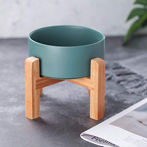 Green Ceramic Elevated Raised Cat Bowl with Wood Stand No Spill Pet Food Water Feeder Cats Small Dogs - color: Green, size: Medium Dog Bowls 850ML*1