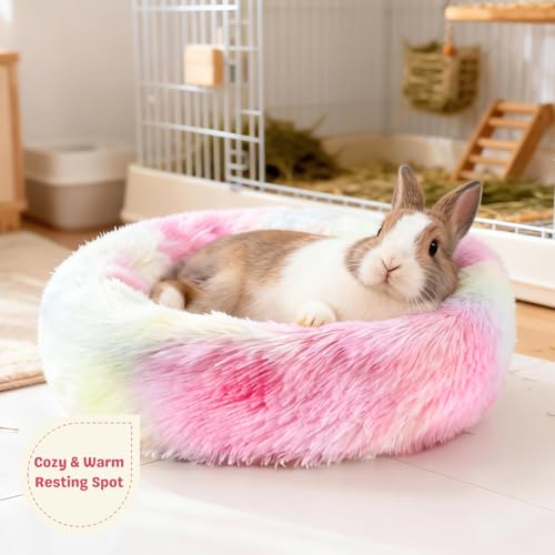 Rabbit Bed, Long Plush Donut Shaped Washable Bunny Hideout Soft Pet Bedding Mat for Guinea Pig, Kitten, Chihuahua & Small Pets for Snuggling Resting - Rainbow - color: Rainbow