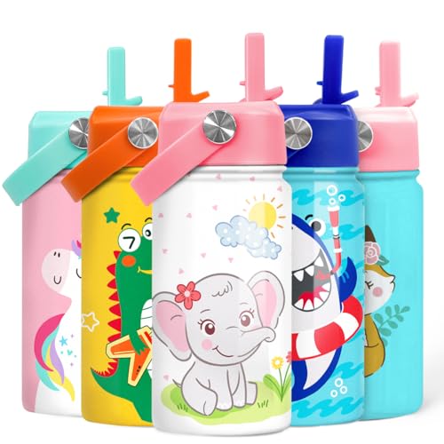 Elephant Water Bottle - Kids Water Bottle with Straw Lid - 12 Oz Insulated Stainless Steel Water Bottles for Kid Girl - Travel Cup for School Sports - color: Elephant