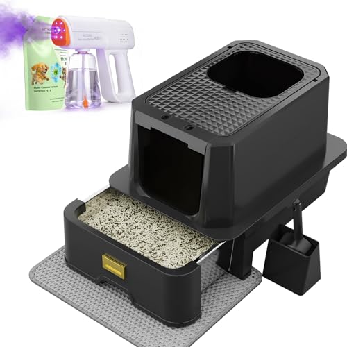 RIZZARI Enclosed Cat Litter Box: Stainless, Top Entry, Easy Clean | Built-In Deodorizer Spray / Extra Large / High Splash Sides / Top-Exit Tracking Control / Slide-Out Drawer / Apartments - color: Carbon black with gun