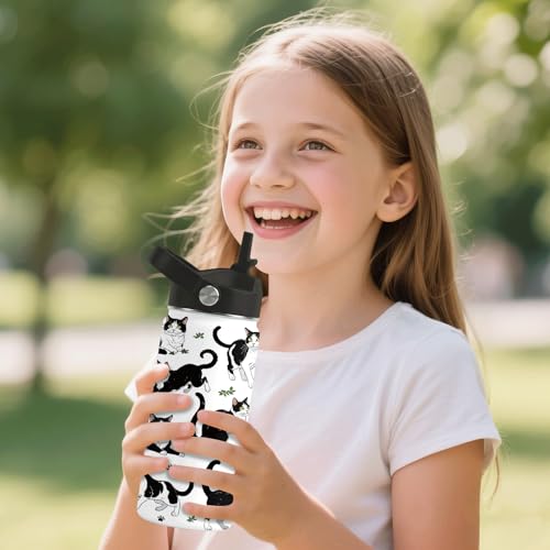 Girls Water Bottle, 16oz Black Cat Insulated Water Bottle with Straw (1pc) | BPA-Free, Leak Proof, Stainless Steel, with Handle, Kids Water Bottle for School, Boys, Travel, Cats Lovers Gifts Cup - color: Cow Cat, size: 16 Ounces