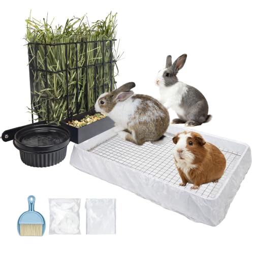 BESNEW 3 in 1 Rabbit Hay Feeder with Litter Box,Upgraded Metal Hay Rack & Litter Tray & Water Bowl,Quick Cleaning,Easy to Install,Bunny Supplies for Rabbit Guinea Pig Chinchilla Small Animals - color: Black, size: 10in set