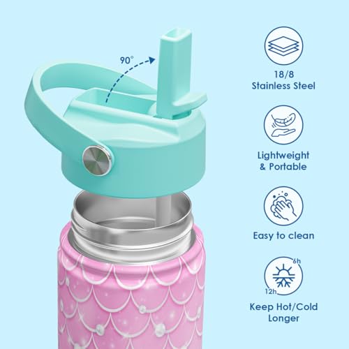 SANDJEST Kids Water Bottle with Straw Lid, Pack of 2 Insulated 12 Oz Stainless Steel Water Bottles for Girls, Travel Cup for School Sports, Mermaid - Strawberry - color: Mermaid - Strawberry (Pack 2)