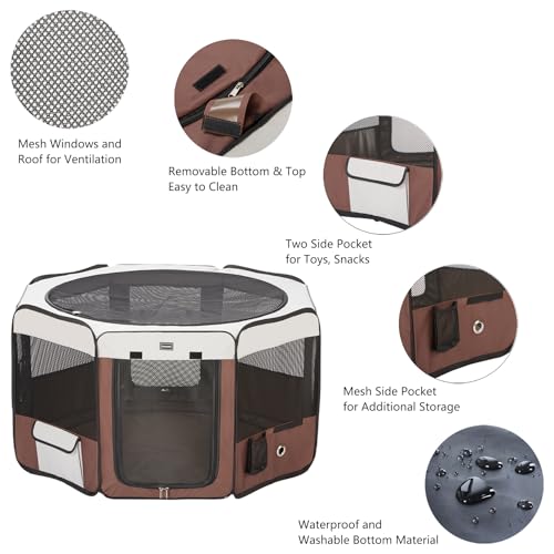 DONORO Dog Playpen Portable Pet Play Pens for Small Dog/Cat/Rabbit/Chicks, Cat Playpen Indoor/Outdoor with Carring Case, Removable Zipper Top and Bottom (Brown, Medium (35"x35"x20"), 8) - color: Brown, size: Medium (36"x36"x20")
