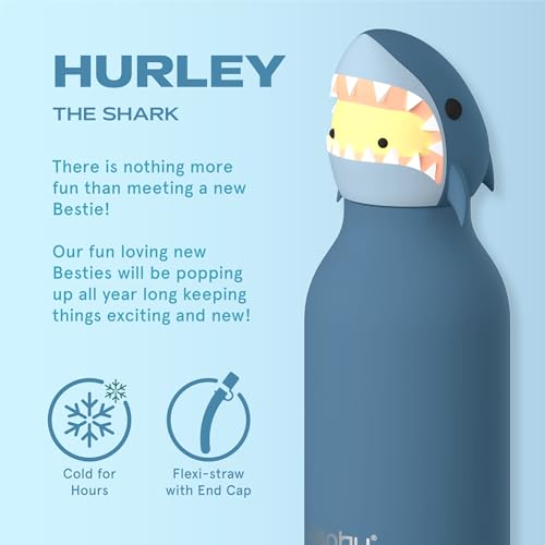 asobu Bestie Water Bottle, Cute Collectible Character, Leak Proof, BPA Free | 16 oz, Stays Cold 24 Hours, Double Wall Vacuum Insulation, Food Grade Stainless Steel, Spill Resistant, Great Gift Idea - color: HURLEY THE SHARK