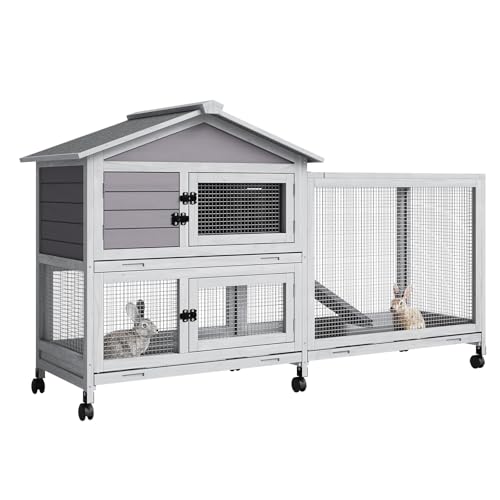 Garvee Wooden Rabbit Hutch, Bunny Cage with Wheels, Rabbit Cage with Chew-Proof Ramp and Pull Out Tray, Small Rabbir House for Guinea Pigs, Rabbit, Indoor Outdoor Use