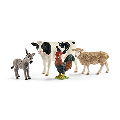 Schleich FARM WORLD - 4 PC Starter Barnyard Animal Set - Includes Cow, Sheep, Rooster and Sheep Figurines - Farm Animal Toys for Kids 3+ | 42385 | Farm Animal Figurine, Realistic Animal Toys, Cow Rooster Donkey Sheep Figures, Barn Toy for Kids 3+, Screen-