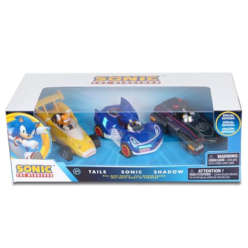 NKOK Special Edition! Sonic, Shadow and Tails Pullback (3-Pack) - Sonic & All-Stars Racing Transformed (electroplated) | Sonic & All-Stars Racing Transformed Collectible Vehicles for Kids Ages 4-6, No-Battery Pullback Action & Iridescent Finish