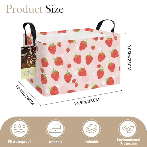 Rectangle Foldable Storage Basket Handles For Home, Pink Strawberry | Waterproof canvas material, reinforced handles, perfect for shelf use, organizes clothes, daily items and pet supplies - color: REC-Pink Strawberry