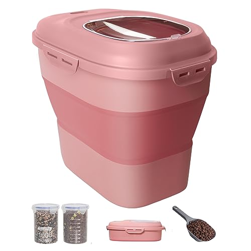 30-35Lbs Airtight Dog Food Storage Container,Collapsible Dog Food Container | Large Pet Food Storage Container with Double Airtight Seal & Magnetic Lid,Dog Food Bin with Wheels,2Pcs Containers,Scoop,Pink - color: Pink