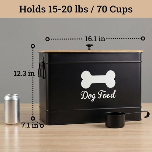 Metal Dog Food Container 15-20 lbs w/ Airtight Bamboo Lid, 70 Cup Capacity | Pet Jar For Dogs up to 100lbs, Airtight Bamboo Lid, Sturdy Comfortable Metal Handle, Powder Coated Iron, Kibble Storage Bin - color: Black