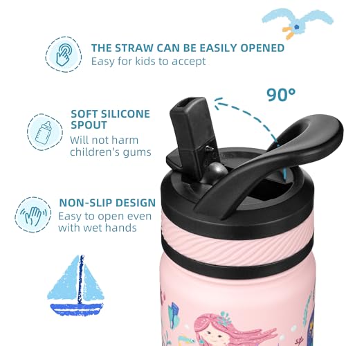 Fanhaw 14 oz Kids Water Bottle for School, Insulated Water Bottle with Straw Lid, Stainless Steel Vacuum Insulated Bottle for Boys & Girls, Leak-Proof, BPA Free(Pink - Sweat Mermaids) - color: Pink - Sweat Mermaids