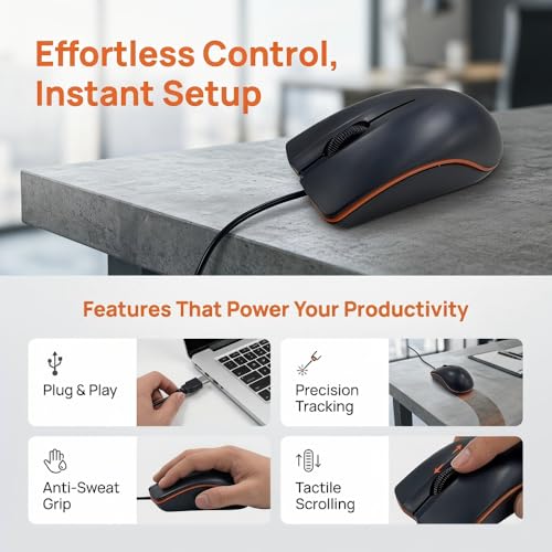 【 Lightweight&Anti Slip Roller - USB Socket 】 2026 Upgraded Business Office Laptop Ergonomic Wired Mouse, Click Without Stuttering, DPI up to 1000, Suitable for Windows 7/8/10/XP Vista Linux System - color: Black, size: Professional Mouse