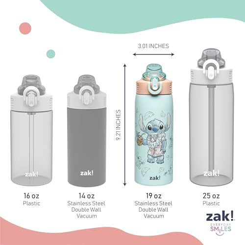 Zak Designs Disney Stitch Sage 19oz Leak-Proof Straw Kids Water Bottle | BPA Free, Insulated Stainless Steel, Cupholder Friendly, Dishwasher Safe, Lid Lock, Handle, For School, Home, Travel, Outdoor - color: Stitch (Sage)