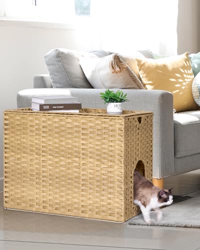 Large Cat Litter Box Enclosure, Hidden Litter Box Furniture with Litter Mat | Side Entry Design, Easy-Clean Removable Top, Quick Assembly, Raised Edge for Secure Items, Side Grip Cutouts - color: Natural, size: 30.3'' L X 18.2'' W X 20.5'' H