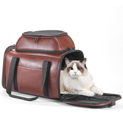 Premium Leather Top Expandable Pet Carrier for Small Dogs & Cats Under 15 lbs, Airline Approved Collapsible Soft-Sided Luxury Travel Bag Coffee - color: Coffee