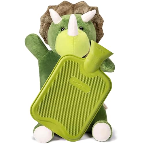 HomeTop Premium Classic Rubber Hot Water Bottle with Triceratops Cover | Natural rubber hot water bottle,Long-lasting heat retention,Snuggly all-night warmth - color: Green/Triceratops