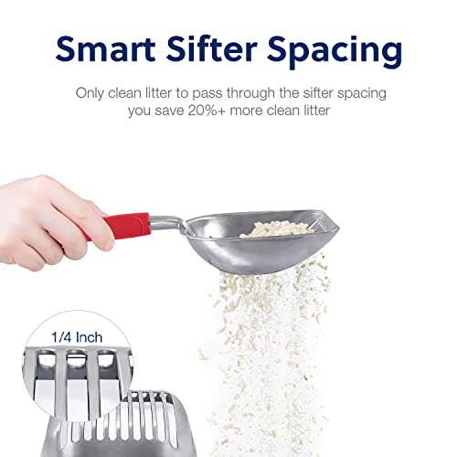 Cat Litter Scoop, Aluminum Alloy Sifter, Kitty Metal Scooper, Deep Shovel, Long Handle, Poop Sifting, Kitten Pooper Lifter, Durable, Heavy Duty, for Litter Box - color: FLAT Aluminum \ #08 Red Handle, size: Large