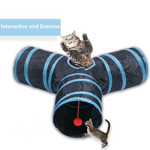 Cat Tunnel Tube Toys, 3 Ways Tunnels for Indoor Cats with Play Ball | Collapsible Pet Tube with Interactive Peephole Interactive Toy for Rabbits, Kittens, Ferrets, Puppy(Blue Black) - color: 3 Way Black Blue