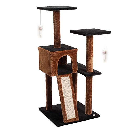 Cat Tree Condo Tower with Scratching Posts - Kitten Perch Furniture Play House, Durable Sisal Wrapped, with Mouse Moving Cat Toy, Climbing Platform - Dark Brown/Blue, 44" x 22" x 22"