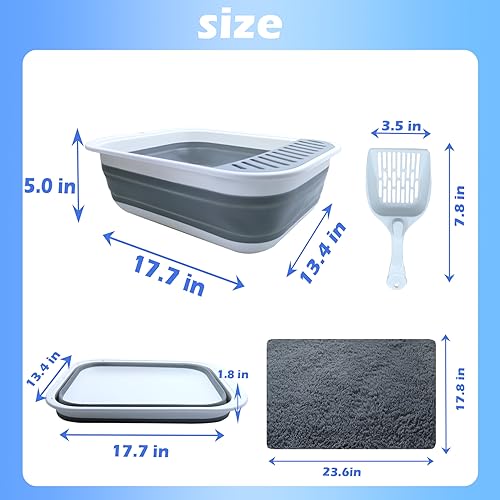 Collapsible Small Cat Litter Box,Open Top Cats Litter Pan with Scoop Waterproof & Foldable Kitten Potty Toilet Anti-Splashing Low Entry Kitty Travel Litter Tray Semi-Enclosed Easy Clean(Gray) - color: 【Gray】
