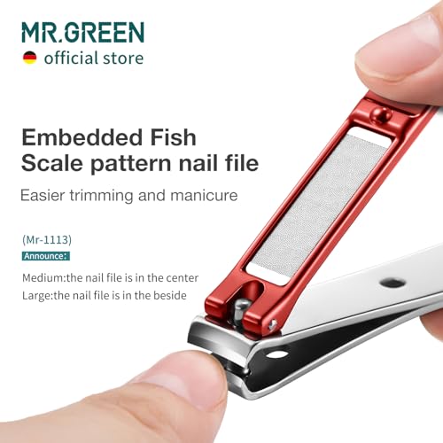 MR.GREEN Nail Clippers Curved Blades Fingernail Cutter Nippers Manicure Scissors Stainless Steel Pedicure Tools with Nail Flies (Medium-Red+Glass File) - color: Medium-red+glass File