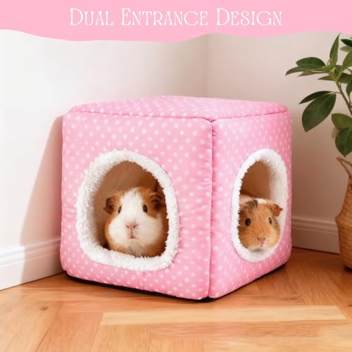 Guinea Pig Hideout with 2 Removable Mat, Two Entrances, Dwarf Rabbit Bed, Washable Bunny House, Small Pet Accessories Pink Dot - color: Pink