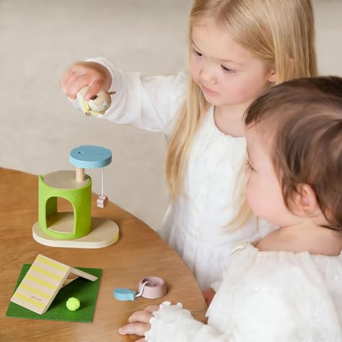 Tiny Land Wooden Dollhouse Animal Set for Toddlers, Dollhouse Accessories | Dolls House Furniture Sets for Toddlers, Montessori Pretend Play Family Pets Set Toys, Gift for Kids Age 3+