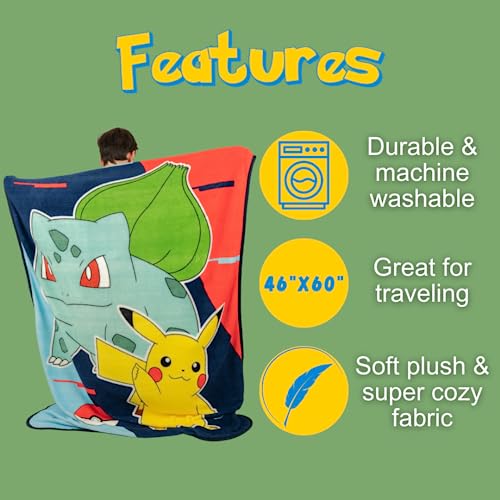 Pokemon Anime Pikachu and Bulbasaur Kids Bedding Super Soft Micro Raschel Throw, 46 in x 60 in, (Official Licensed Product) By Franco - color: Pokemon, size: 46 in x 60 in