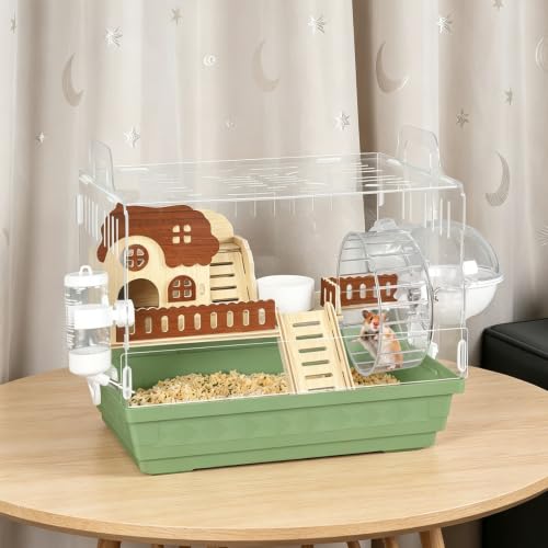 Acrylic Hamster Cage Clear Hamster Houses for Small Pet Mice | Running Wheel, Hideout, Food Bowl, 360 Viewing Transparent Pet Mice Cage for Syrian Dwarf Hamsters, Gerbils, Green - color: Green