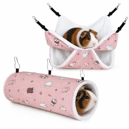 Small Pet Hammock & Tunnel Set for Ferrets, Guinea Pigs, Rats - Plush Hideout Bed & Cage Toy, 2-Pack, Pink Guinea Pig Print - color: Pink
