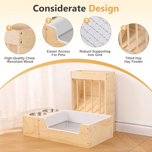 Extra-Large 3 in 1 Rabbit Litter Box with Hay Feeder and Bowls Set, Wood, Mess Proof, for Guinea Pigs, Chinchillas, Hamsters, and Rabbits