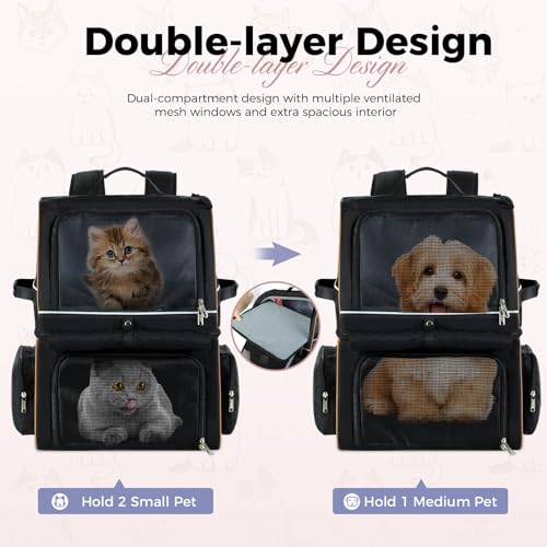 Double Cat Backpack Carrier for 2 Cats, Double-Compartment Pet Carrier Backpack for Two Small Cat or One Medium Cat, Cats Carrier Backpack Dog Carrier Backpack Fits Up to 24 Lbs,Black - color: Black