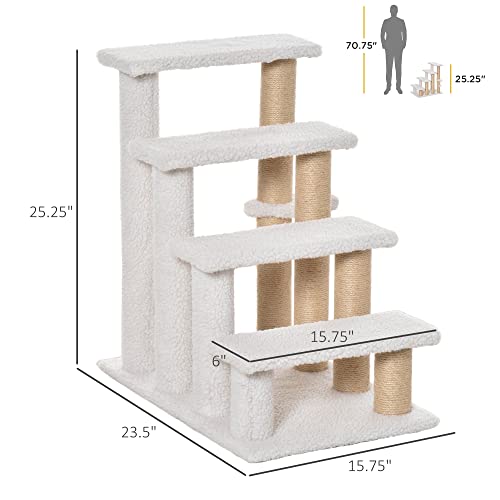 PawHut 4 Levels Cat Steps Pet Stairs Carpeted Ladder for High Bed White | Kitten Tree Climber, Scratching Posts, Hanging Play Ball, Side Step, for Sofa - color: White